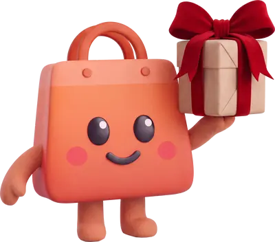 Ollie, a smiling orange shopping bag, holding up a wrapped present