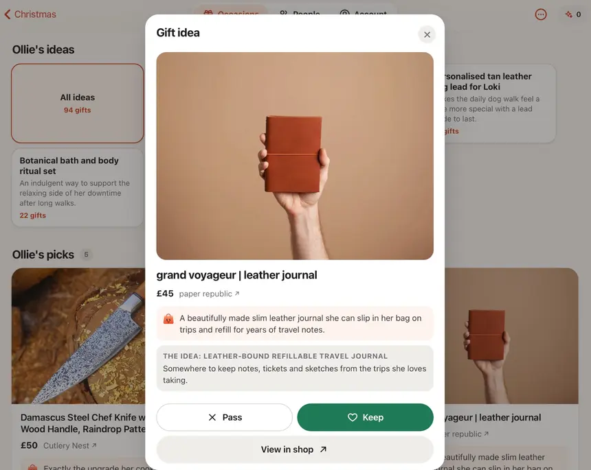 One gift idea up close: the grand voyageur leather journal, £45 from paper republic, with Ollie's reason, Pass and Keep buttons and View in shop.