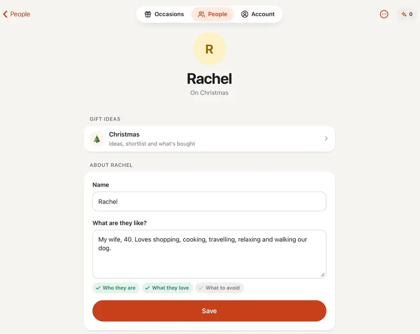 Ollie's page about Rachel: a sentence about her loving shopping, cooking, travelling, relaxing and walking the dog. Ticks show he knows who she is and what she loves.