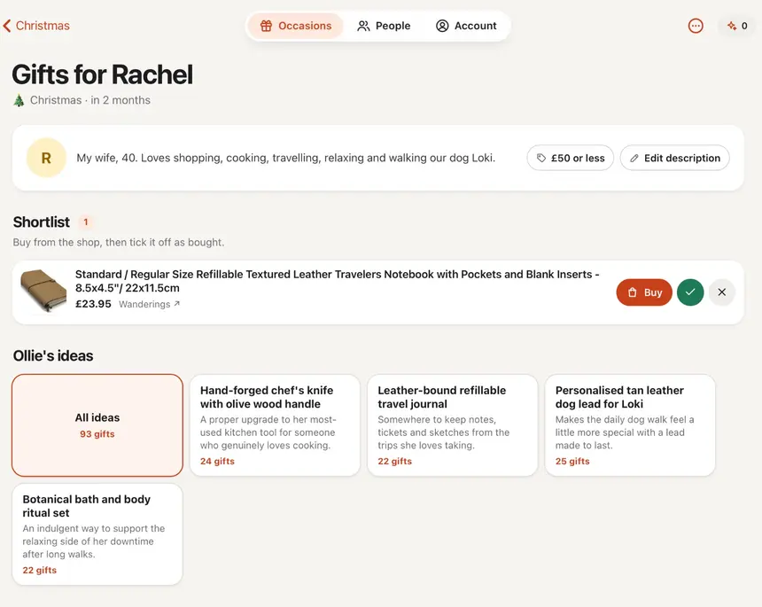 Gifts for Rachel, £50 or less: four ideas (a hand-forged chef's knife, a leather travel journal, a personalised dog lead for Loki and a bath and body set), 93 gifts in all, and one already on the shortlist.