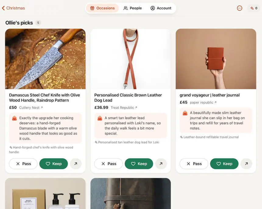 Ollie's picks for Rachel: a Damascus steel chef knife (£50, Cutlery Nest), a personalised leather dog lead (£36.99, Treat Republic) and a leather journal (£45, paper republic), each with his reason and Keep and Pass buttons.